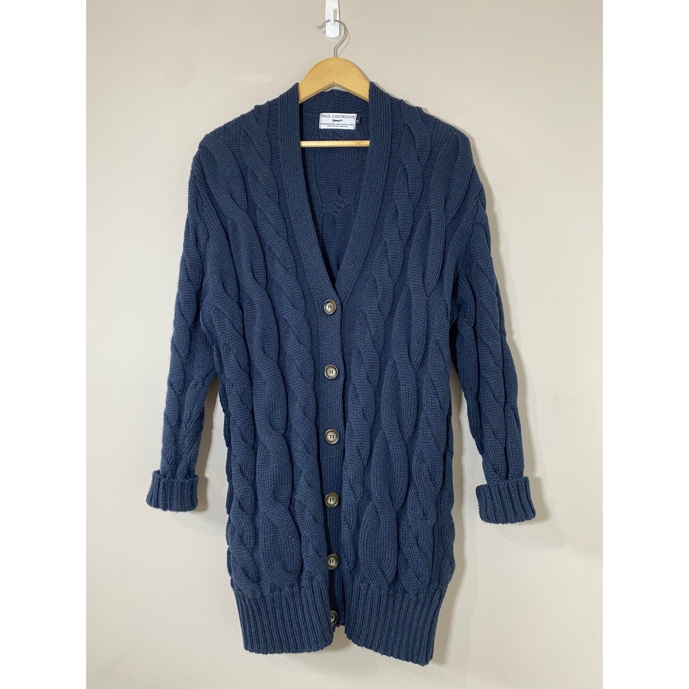 Paul Costelloe Mens SMALL Blue Cable Knit Cardigan Longline Button Front Sweater